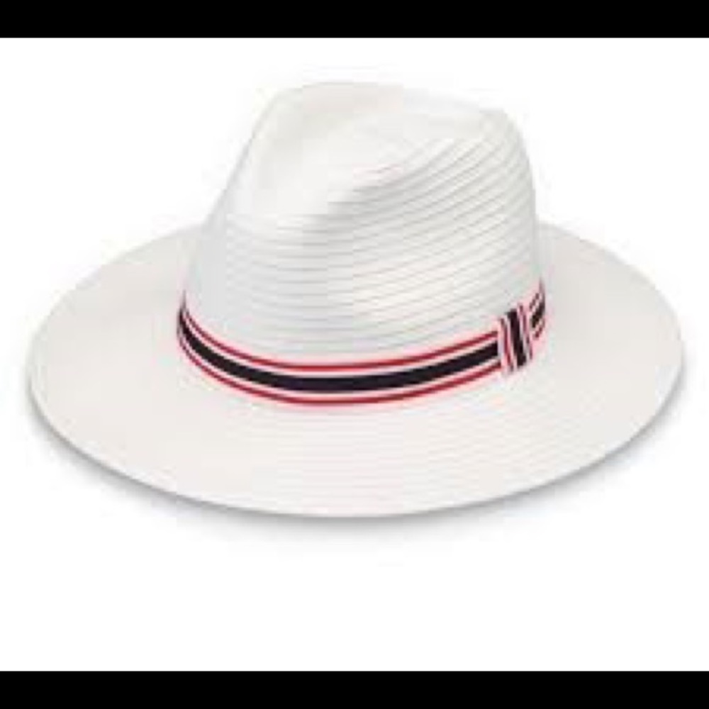 White mens hat with red, white & blue trim, M/L, UPF 50+, NWT, foldable!